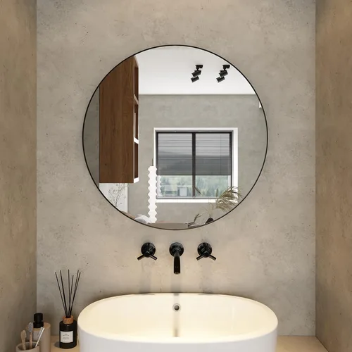 Espejo de montaje en pared para baño, marco de metal negro, esquina redondeada, espejo de tocador de baño, espejo colgante decorativo, para sala de