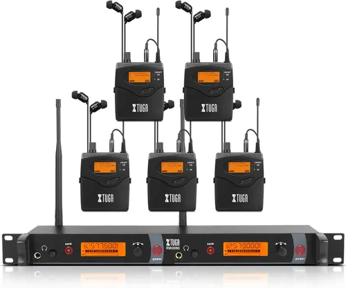 XTUGA RW2080 Sistema de monitor inalámbrico en el oído, sistema IEM mono con 5 receptores, frecuencia UHF 2 x 40, transmisión estable de 300 pies