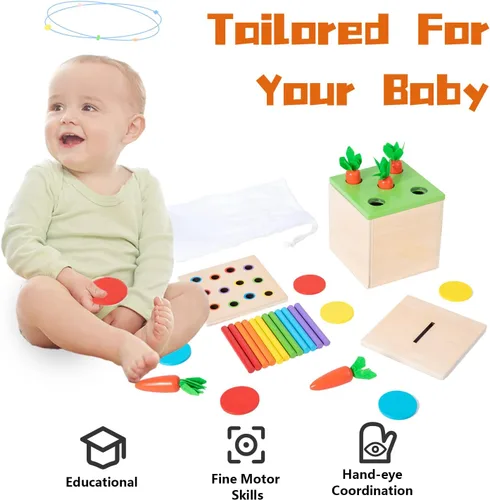 Miniatura 3 de Juguetes Montessori de madera para regalos de bebé de 1, 2 y 3 años, la caja del kit de juego incluye juegos de cosecha de zanahorias, caja