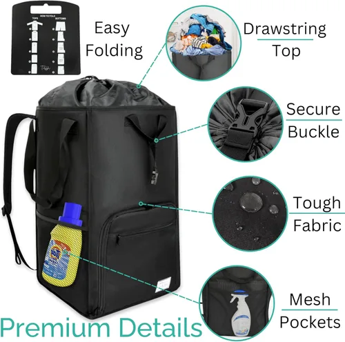 Miniatura 5 de TERRA HOME College Essentials - Mochila de lavandería de tamaño de viaje, portátil, duradera, plegable, bolsa de lavandería con bolsillos para Negro