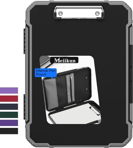 Meiikun Portapapeles con almacenamiento, protección resistente a prueba de golpes, bolsa interna para bolígrafo y clip de metal, tableros de clip de