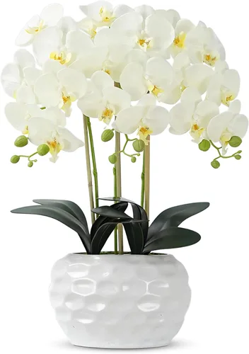 Miniatura 9 de Flores artificiales de orquídea con jarrón plateado, flores de falaenopsis de seda sintética grande para mesa de comedor, centros de mesa florales