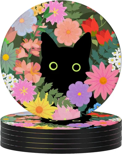 Miniatura 8 de Swooflia Posavasos para bebidas, mesa de café, diseño de gato negro, lindo colorido de silicona, absorbente, juego de posavasos para inauguración