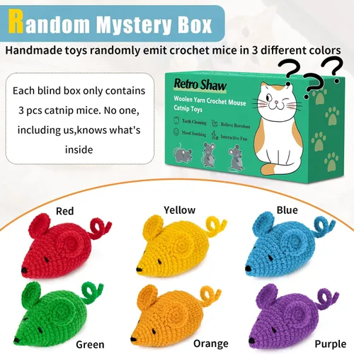 Miniatura 8 de Retro Shaw Juguetes de Hierba Gatera de Ganchillo Ratones para Gatos, 3 Piezas de Ratones de Hierba Gatera de Hilo para Animales, Juguete Seguro