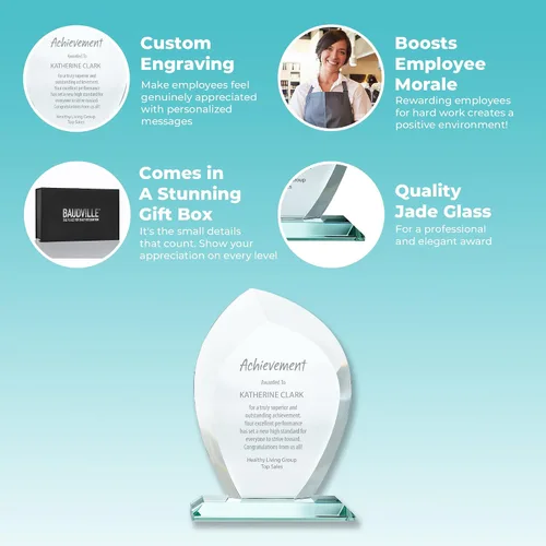 Miniatura 3 de Baudville Trofeo grabado personalizado – Cristal de jade premium – Premio para empleados – Viene en caja de regalo Wisp biselado prémium