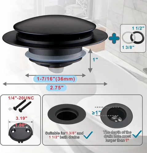 Miniatura 2 de Tapón de Drenaje de Bañera Negro, Welsan Tapón Universal Pop Up de Bañera de Repuesto Tip Toe, Levantar y Girar con Cubierta de Placa Frontal