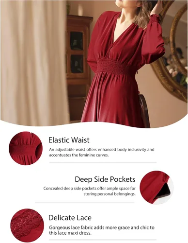 Miniatura 102 de Vestido largo de encaje para mujer de manga corta y cuello en V, vestido de fiesta estilo bohemio con cintura fruncida, vestido bohemio para mujer