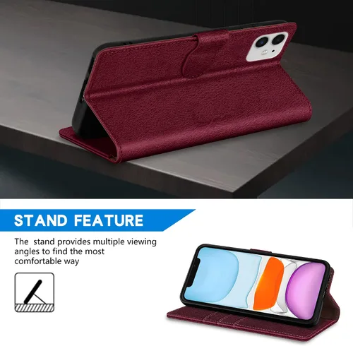 Miniatura 5 de ZZXX Funda tipo cartera para iPhone 11 con bloqueo RFID, ranura para tarjetas, función atril, cierre magnético, funda protectora de cuero para Rojo
