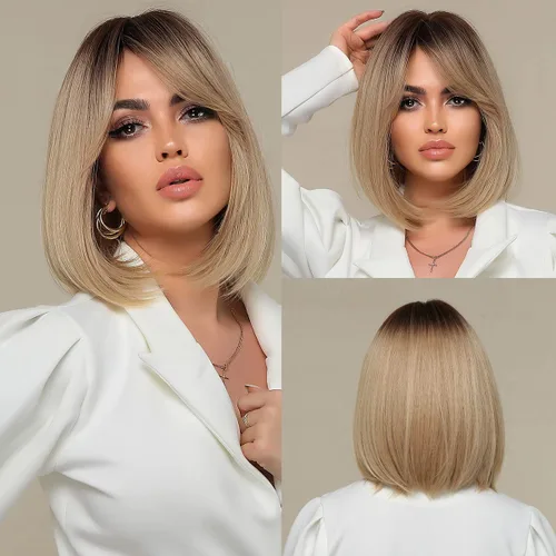 HAIRCUBE Peluca corta estilo Bob rubio ceniza ombré con raíz oscura con flequillo, pelucas sintéticas hasta el hombro para mujer