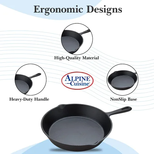 Miniatura 2 de Alpine Cuisine Sartén de hierro fundido pre-sazonado de 10 pulgadas, sartén de hierro fundido negro, sartenes de cocina duraderas y resistentes