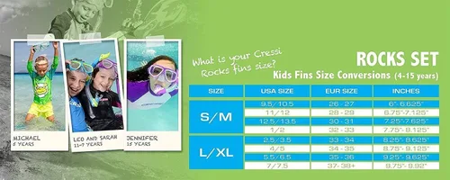 Miniatura 9 de Cressi Junior Snorkel Kit for Kids Ages 3 to 8 - Mask + Dry Snorkel + Adjustable Fins + Net Bag – Rocks Kids Set