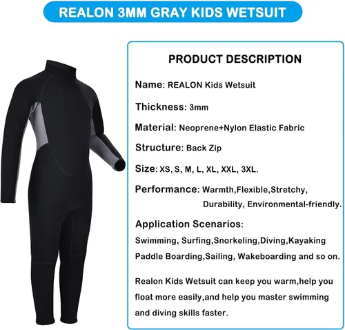 Miniatura 8 de Traje de neopreno de 3 mm para niños, niñas, niños pequeños y jóvenes; traje de baño completo térmico para agua fría; cremallera en la espalda