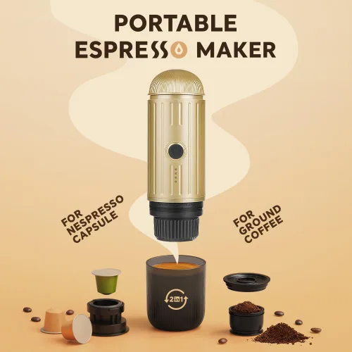 Miniatura 2 de Máquina de café espresso portátil para viajes, carga USB-C, cafetera eléctrica autocalentable, mini cafetera de 19 bar sobre la marcha para Dorado