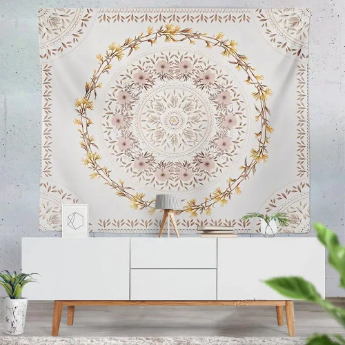 Miniatura 3 de Tapiz bohemio naranja para colgar en la pared, medallón floral de mandala, tapiz hippie con diseño de corona estética marrón claro, manta de Crema
