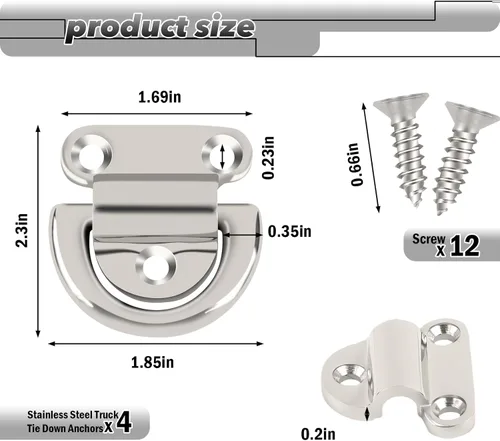 Miniatura 4 de Anclajes de amarre para camiones de acero inoxidable, ganchos de anillo en D plegables resistentes con tornillos, superficie altamente pulida