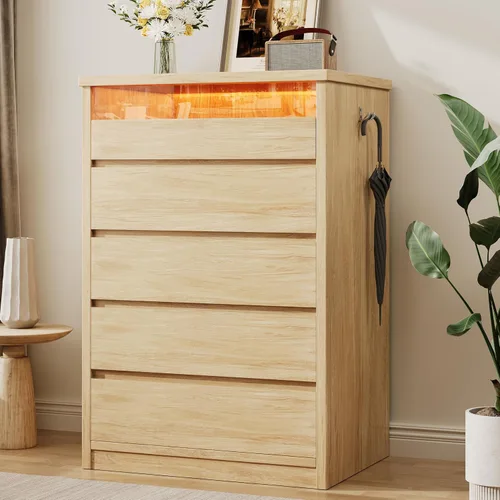Jocoevol Cómoda de 5 cajones para dormitorio con luz LED, cómoda moderna con asas ocultas, armario alto de madera para sala de estar, entrada,