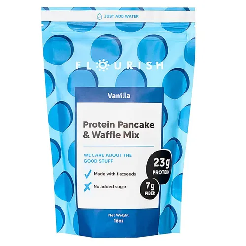 Flourish - Mezcla de proteínas para panqueques y waffles, aislado de proteína de suero y semillas de lino, sin OMG, sin azúcar añadido,