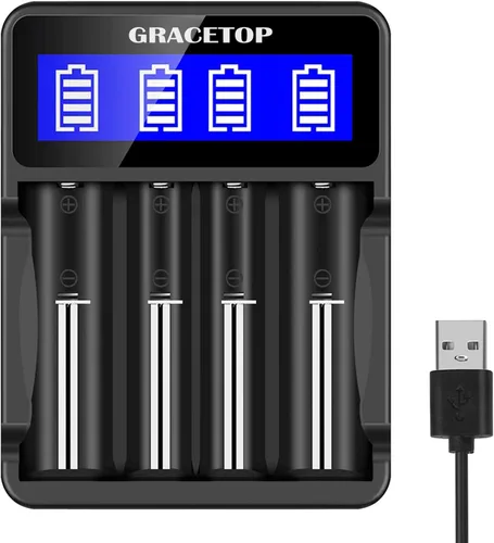 Cargador de batería 18650 Pantalla LCD de 4 bahías para batería recargable de 3.7 V/1.2 V para baterías de iones de litio 18650 14500, baterías