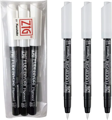 Miniatura 6 de Kuretake ZIG FUDEBIYORI PIGMENT - Juego de 3 bolígrafos blanco lechoso, para letras, ilustración, certificado AP, punta de pincel dura flexible