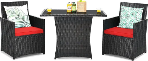 Miniatura 11 de Tangkula Patiojoy - Juego de comedor de 3 piezas de ratán PE que ahorra espacio, con mesa superior de vidrio templado y sillas acolchadas, juego
