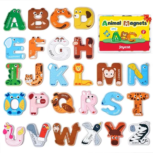 JoyCat Imanes de madera gruesos del alfabeto para nevera, tamaño grande, lindo animal, colorido ABC, letras magnéticas, 26 letras mayúsculas, juego