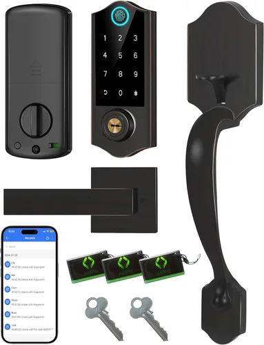 Cerradura inteligente de puerta delantera Harfo con huella dactilar para puerta con asa, control de aplicación, cerradura sin llave, teclado