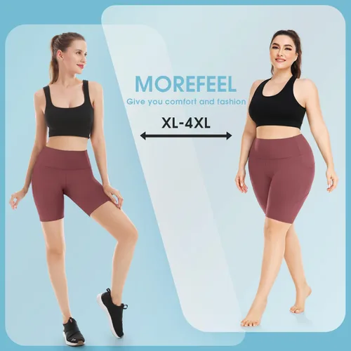 Miniatura 14 de MOREFEEL Pantalones cortos de ciclismo de talla grande de 8 pulgadas con bolsillos para mujer, cintura alta, control de abdomen, pantalones cortos