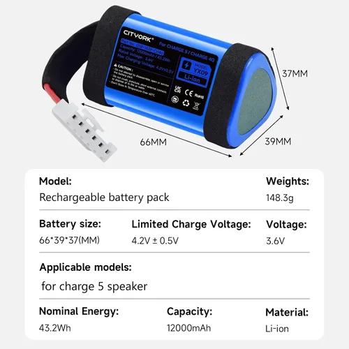 Miniatura 7 de CITYORK Batería de repuesto GSP-1S3P-CH4D de 12000 mAh para altavoz Bluetooth Charge 5, carga recargable de alto rendimiento 5