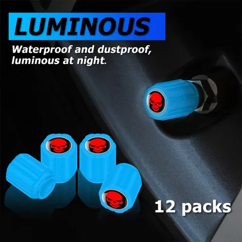 Miniatura 4 de 12 piezas de tapones fluorescentes con forma de calavera para válvulas de neumáticos de automóvil, cubierta de válvula de rueda de ABS resistente a