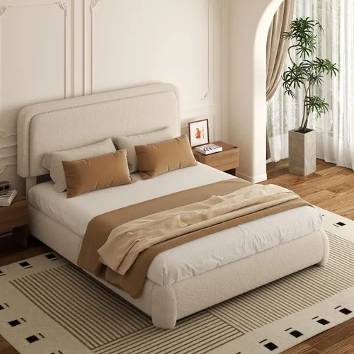 Miniatura 5 de Base de cama tamaño Queen, marco de cama de terciopelo Teddy Boucle con cabecera tapizada ajustable de 43.3"/45.3", esquinas redondeadas, base