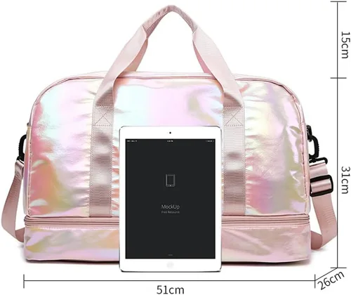 Miniatura 7 de Bolsa de lona holográfica brillante para gimnasio con compartimento para zapatos y bolsillo húmedo, bolsa de viaje para mujer para fin de semana