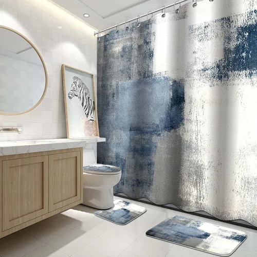 Miniatura 21 de Lnond 4 Piezas Juegos de Cortinas de Ducha de Baño Moradas con Alfombras, Arte de Pintura Púrpura y Gris Juegos de Baño con Cortina de Ducha