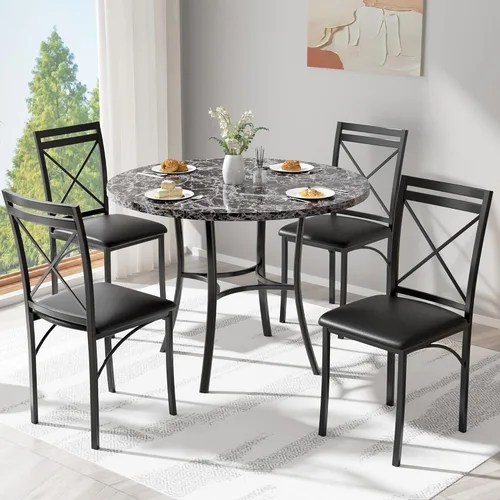 Miniatura 7 de VECELO Juego de 4 sillas de comedor de metal, patas de acero y asientos acolchados de piel sintética para cocina, sala de estar, color negro