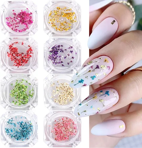 8 cajas de flores secas para uñas, mini flores de uñas reales 3D, flores secas, calcomanías de uñas, decoración de uñas, decoración de uñas, Flores