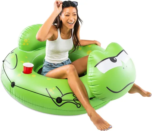 Miniatura 2 de BigMouth Inc Tubo grande de rana con asiento de malla, balsa de vinilo resistente para deriva de vías fluviales, portavasos integrado y cuerda