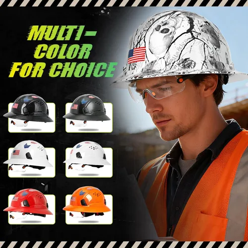Miniatura 9 de Casco duro de ala completa con patrón de fibra de carbono con visera, casco de seguridad de construcción aprobado por la OSHA para hombres