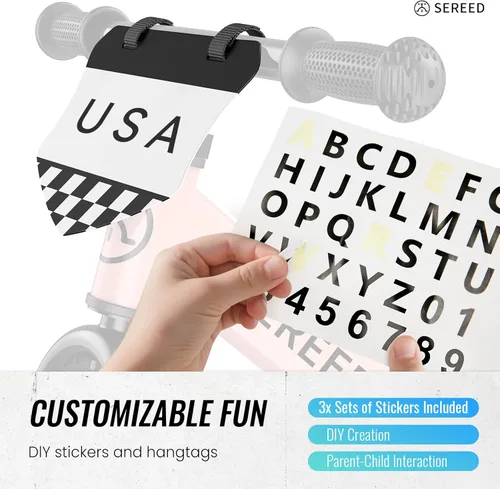 Miniatura 4 de SEREED Bicicleta de equilibrio para niños de 2 a 5 años, sin pedales, ajuste sin herramientas, placa personalizable con calcomanías, regalo para Rosa