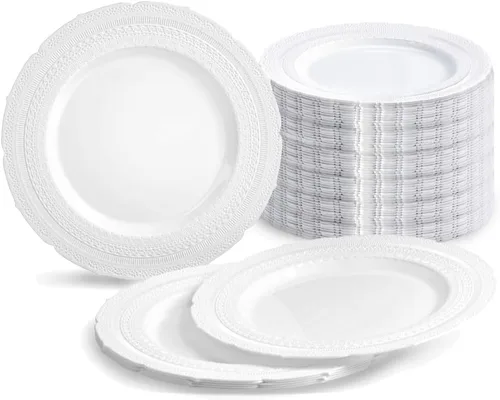 Paquete de 240 platos, platos desechables de plástico extra pesados para fiesta de boda vintage (plato llano de 11 pulgadas, blanco castillo)