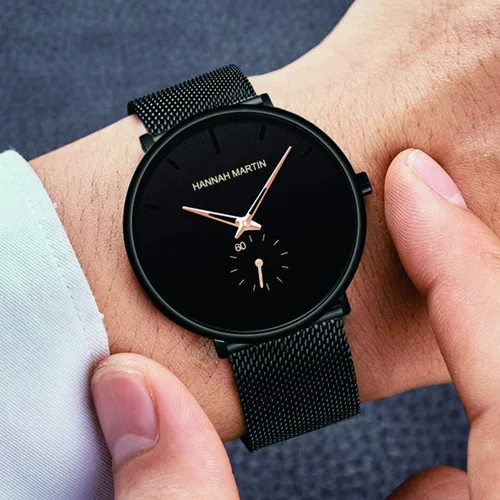 Miniatura 7 de Reloj de pulsera ultrafino negro para hombre, vestido impermeable de moda, correa de acero inoxidable
