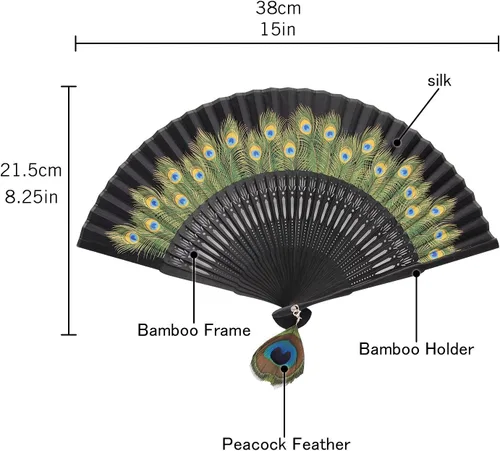 Miniatura 2 de Innolife Pavo real chino/japonés mano plegable ventilador bambú tallado marco seda artesanía ventilador (negro)