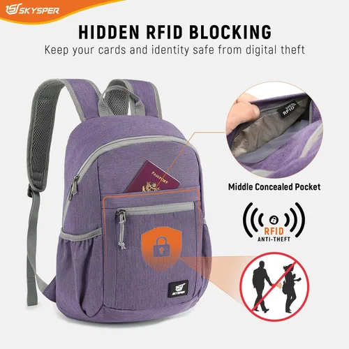 Miniatura 2 de SKYSPER Mochila de senderismo antirrobo, mochila de viaje plegable RFID de 18L, mochila plegable ligera para caminar de un día Púrpura