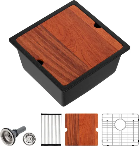 Miniatura 13 de Dcolora Fregadero de Barra de Composite de Cuarzo de 22 Pulgadas Negro Bajo Encimera Pequeño Fregadero de Cocina de Composite de Granito Prep RV