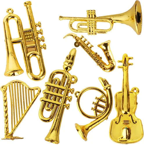 Juego de mini instrumentos musicales en miniatura, adornos dorados para árbol de Navidad, colección de mini instrumentos con guitarra pequeña,