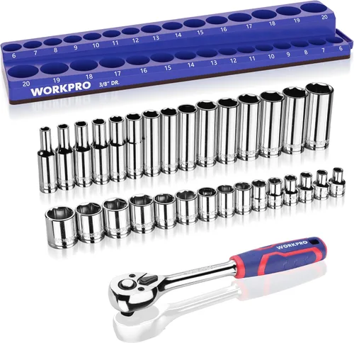 WORKPRO 32 llaves métricas de 3/8 pulgadas y trinquete, incluyendo 30 enchufes métricos profundos y poco profundos, 0.236-0.787 in con organizador