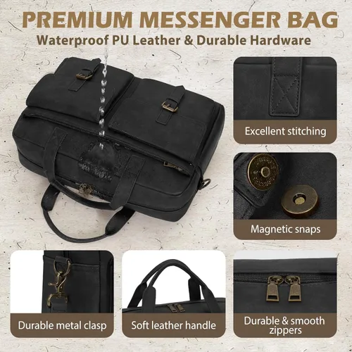 Miniatura 5 de RAINSMORE Bolsa tipo mensajero para hombre, de piel de 16 pulgadas, para laptop, maletín para computadora de trabajo, oficina, negocios, viajes
