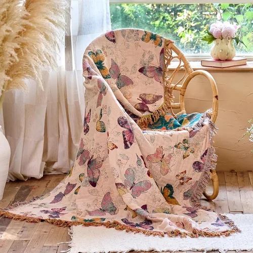 Miniatura 10 de Manta de arrullo boho 60 x 80 pulgadas, manta suave y acogedora 100% algodón para cama, mantas de otoño con decoración floral de pájaros y granja