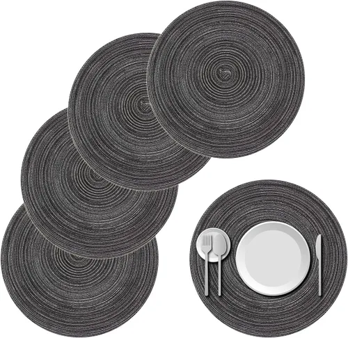 Juego de 4 manteles individuales redondos trenzados de 15 pulgadas, manteles individuales lavables para mesa de cocina, bodas, fiestas (negro y gris)
