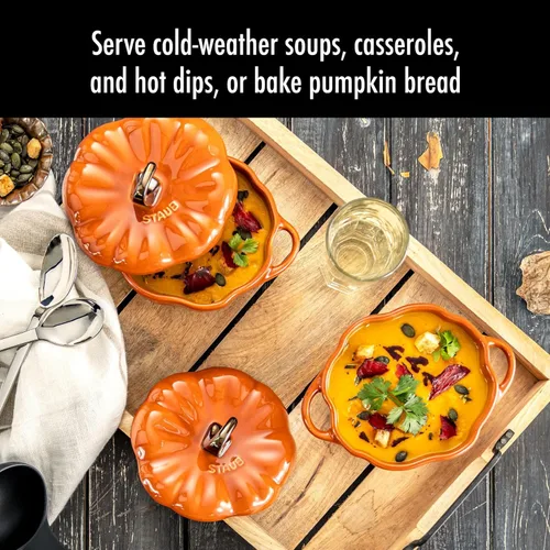 Miniatura 6 de STAUB Calabaza Pequeña de Cerámica de 0.75 cuartos, Segura para Horno y Estufa hasta 572°F, Plato de Calabaza, Horneado Color Naranja Caramelo