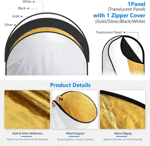 Miniatura 7 de NEEWER Reflectores de luz de 80x120cm para fotografía de 31"x47", portátiles 5 en 1 plegables con bolsa - Difusor translúcido, plateado, dorado