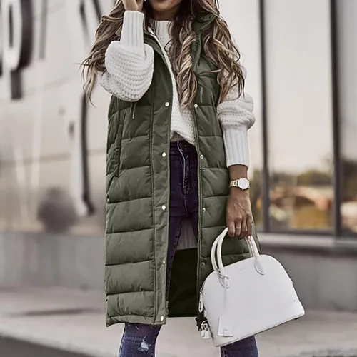 Miniatura 2 de OSFVNOXV Chaqueta larga acolchada para mujer, abrigo de invierno con cremallera completa, sin mangas, con capucha, cálidos, cortavientos gruesos